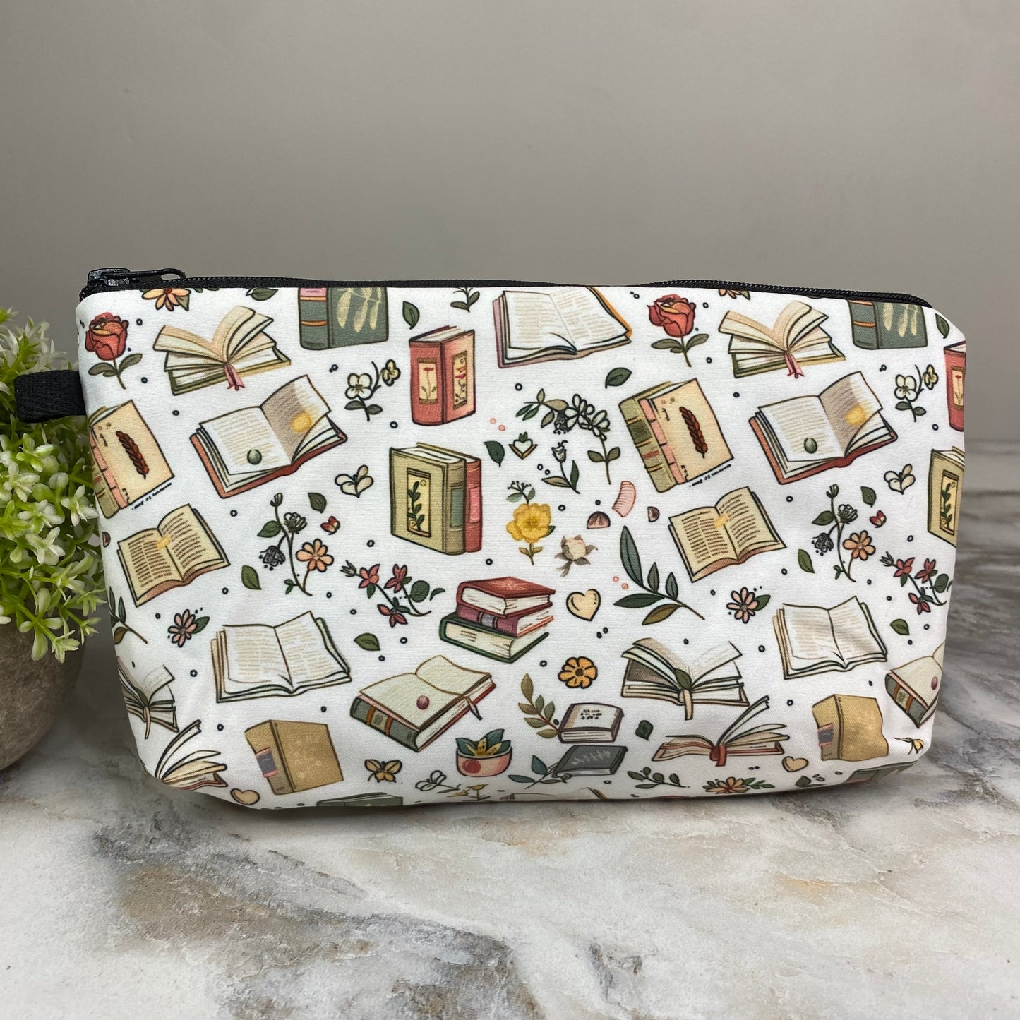 Pouch - Books, Floral Books on White