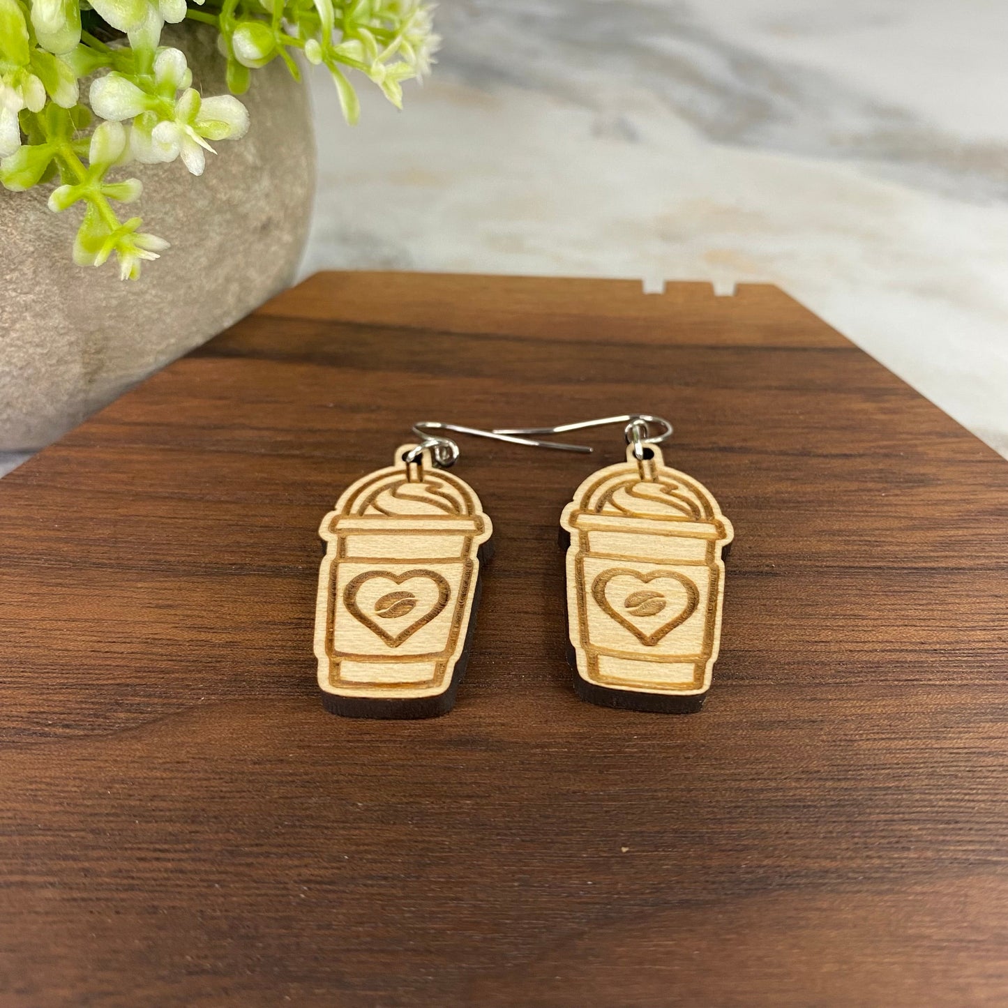 Wooden Dangle Earrings - Heart Frappe Bean