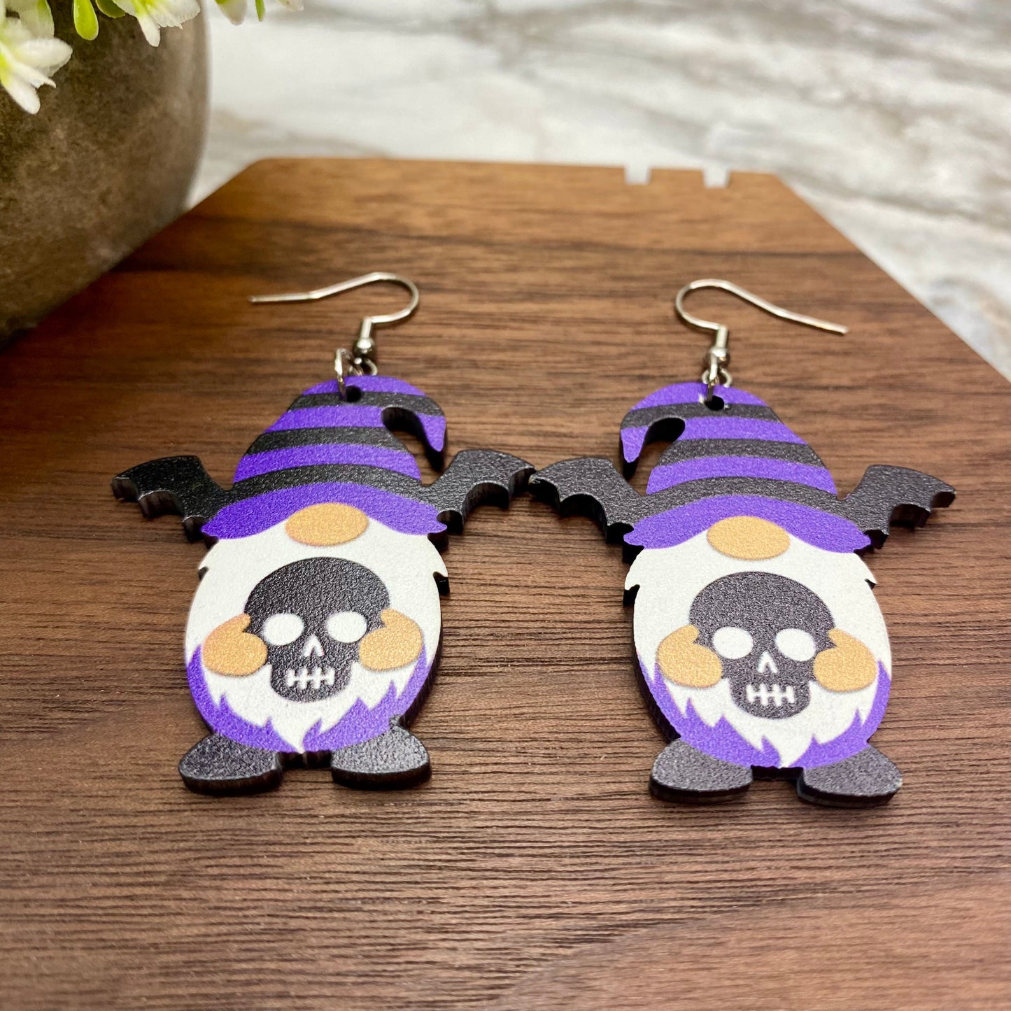 Wooden Dangle Earrings - Halloween - Gnome Wing Skull