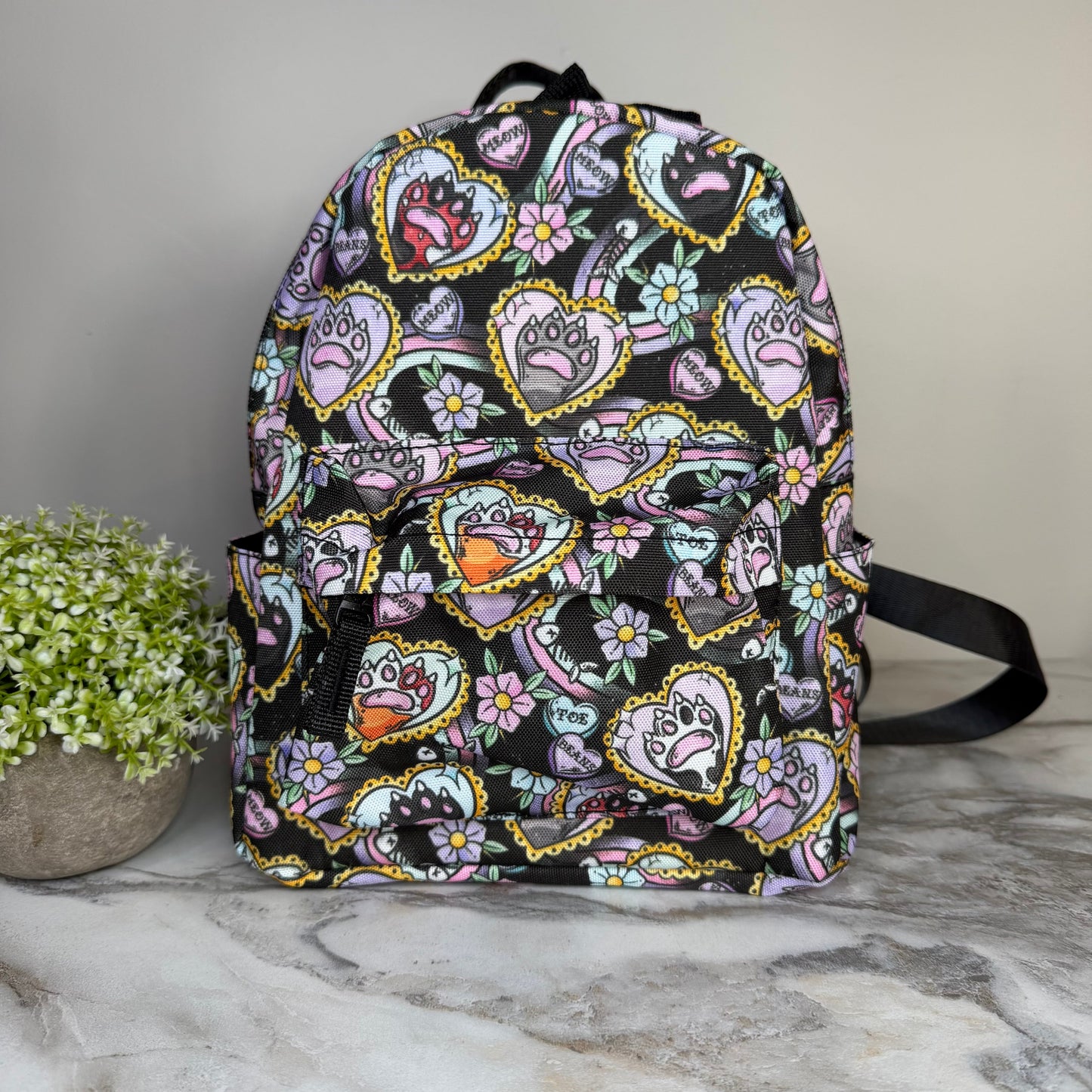 Mini Backpack - Cat Paw Meow on Black