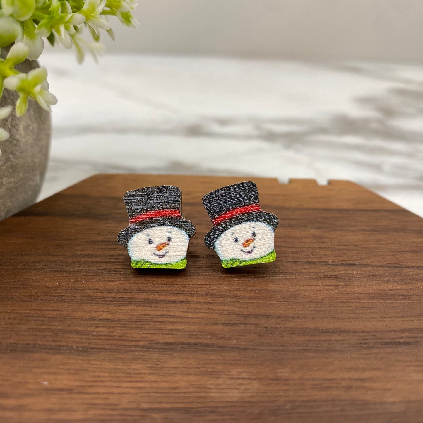 Wooden Stud Earrings - Christmas - Snowman #2