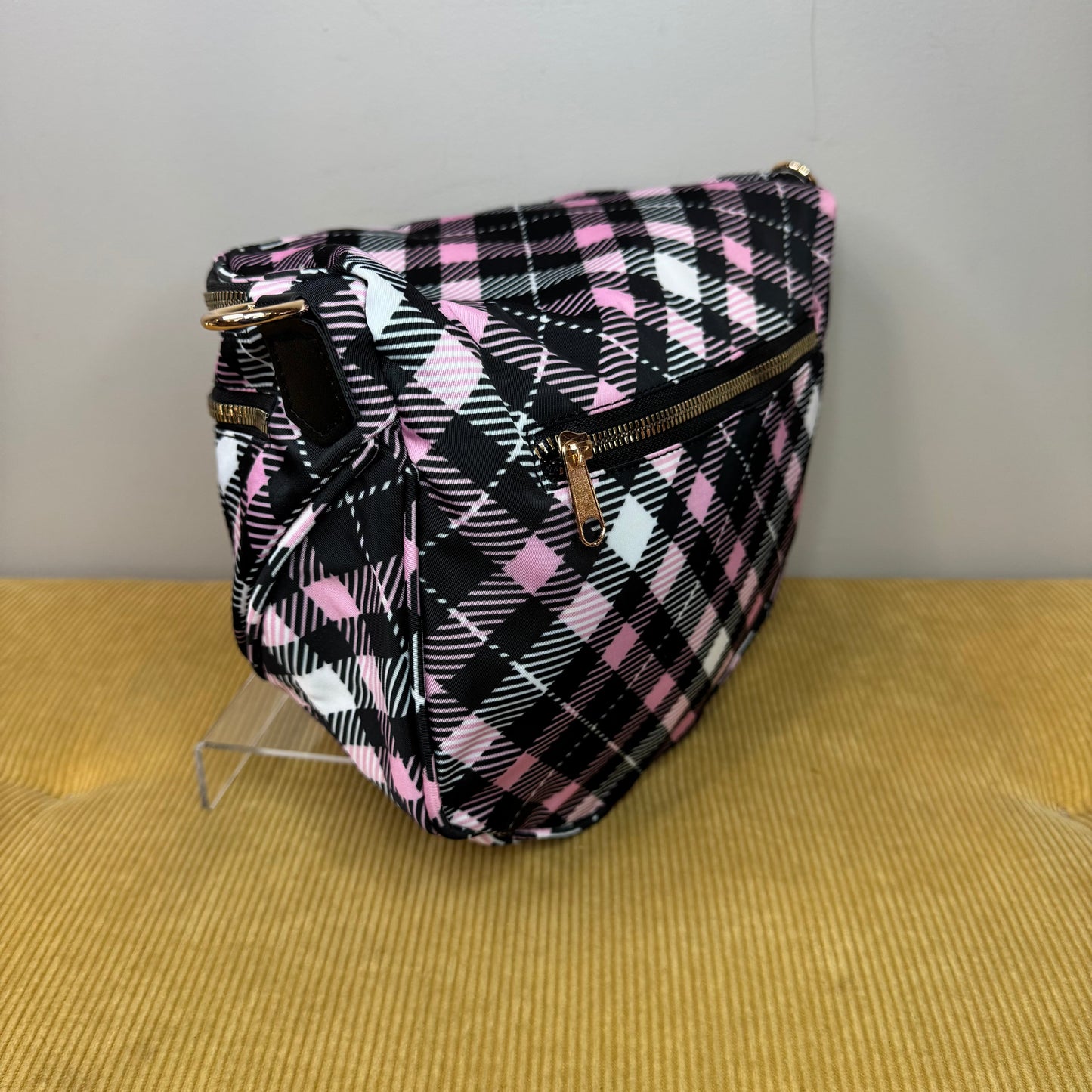The Roni Nylon Crossbody - Black Pink Plaid
