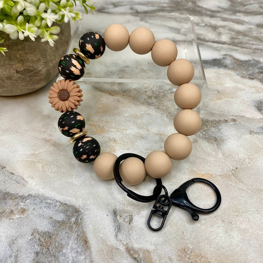 Silicone Bracelet Keychain - Dark Tan Sunflower Black Floral