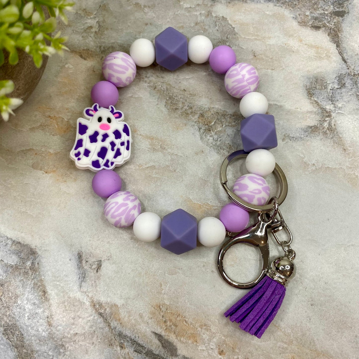 Silicone Bracelet Keychain with Tassel - Cow - Purple