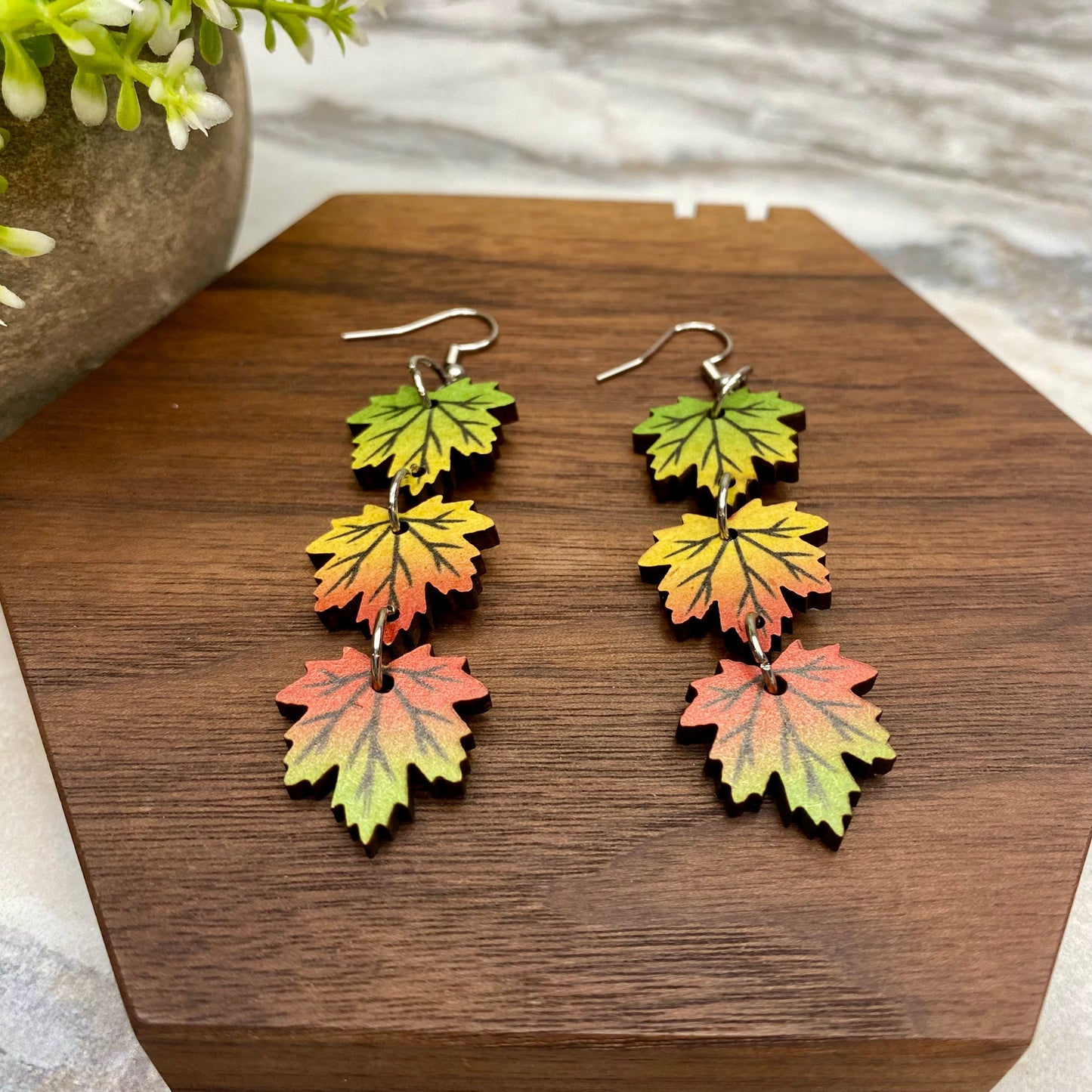 Wooden Dangle Earrings - Fall - #4