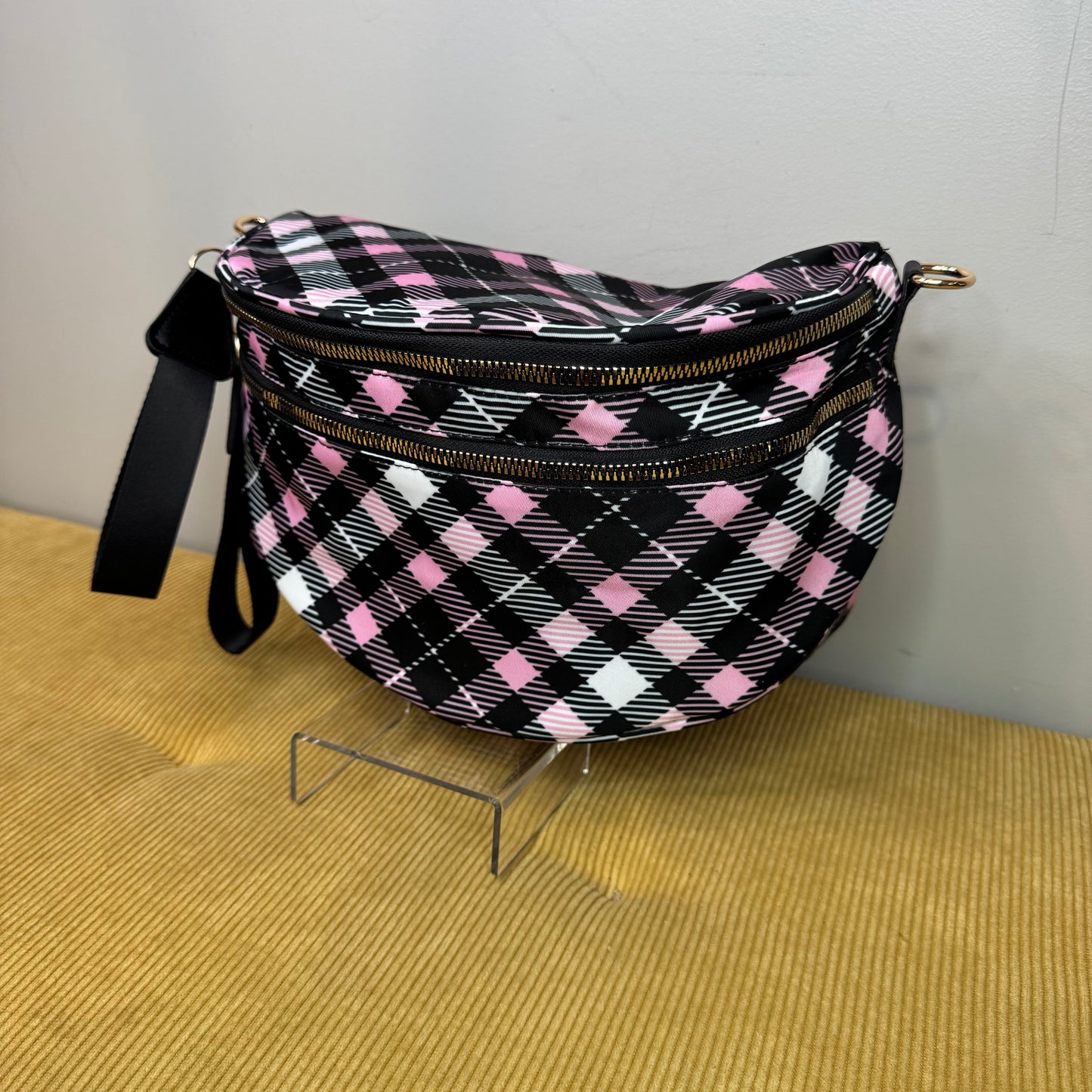 The Roni Nylon Crossbody - Black Pink Plaid