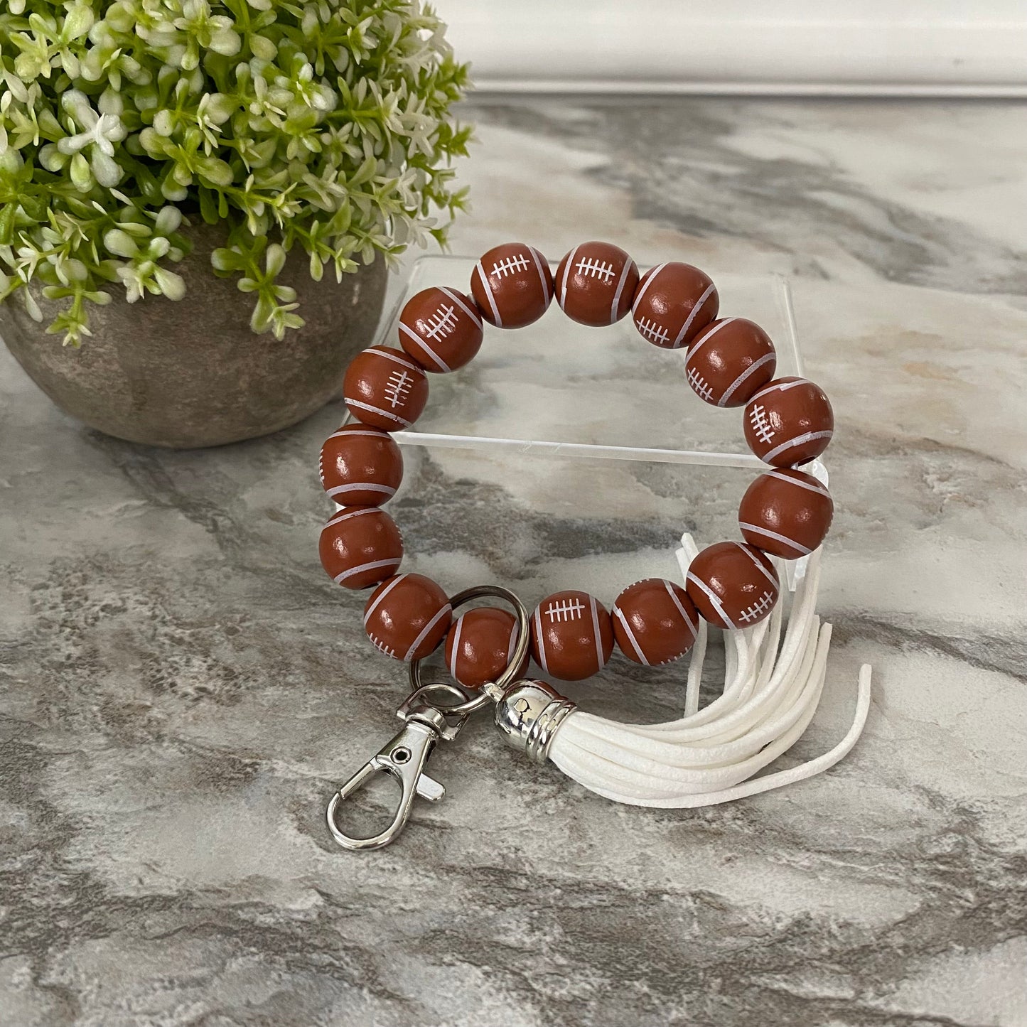 Wooden Bead Bracelet Keychain - Football