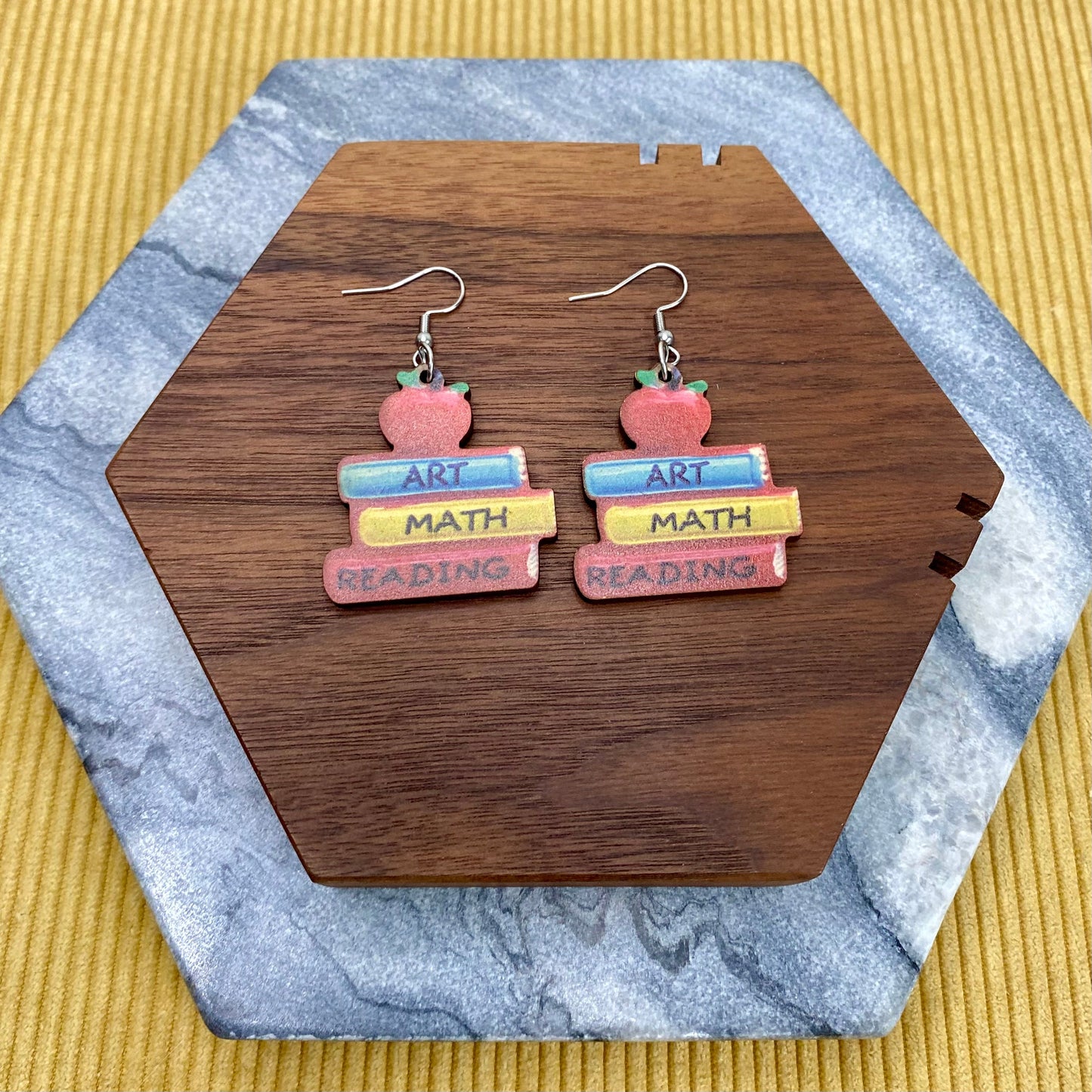 Wooden Dangle Earrings - Teacher - Art Math Reading Books