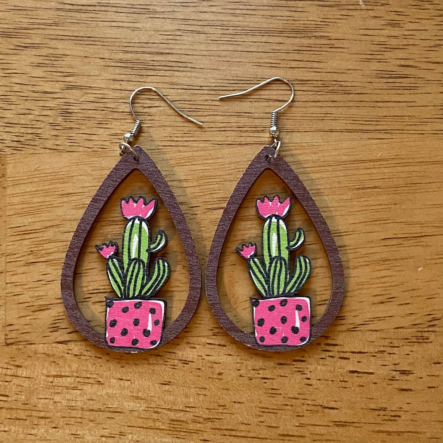 Wooden Teardrop Cutout Earrings - Cactus