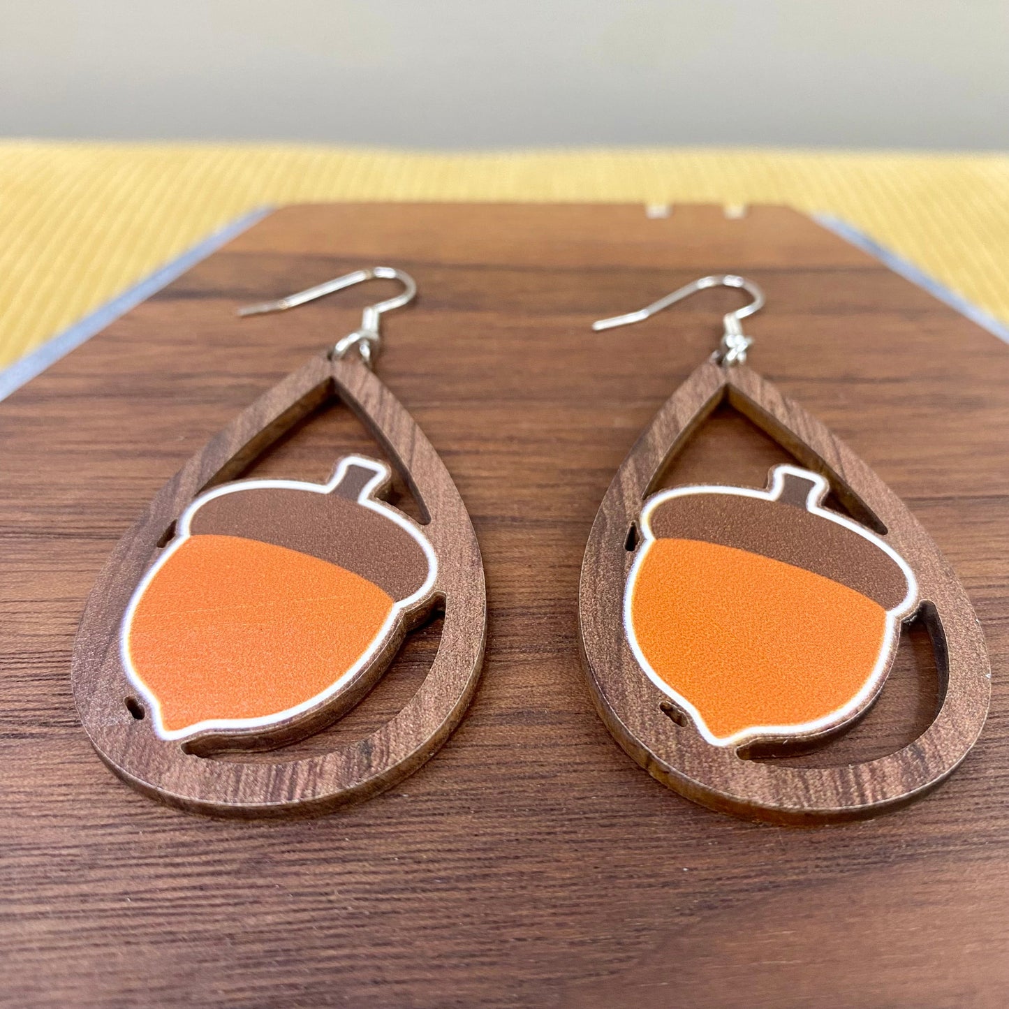 Wooden Teardrop Cutout Earrings - Fall - Acorn