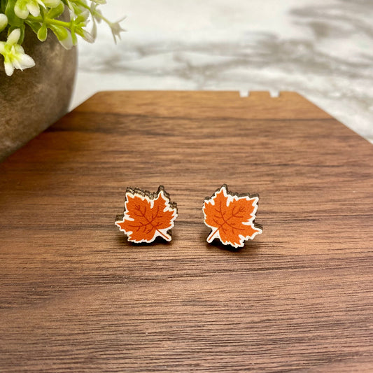 Wooden Stud Earrings - Fall - Orange Leaf