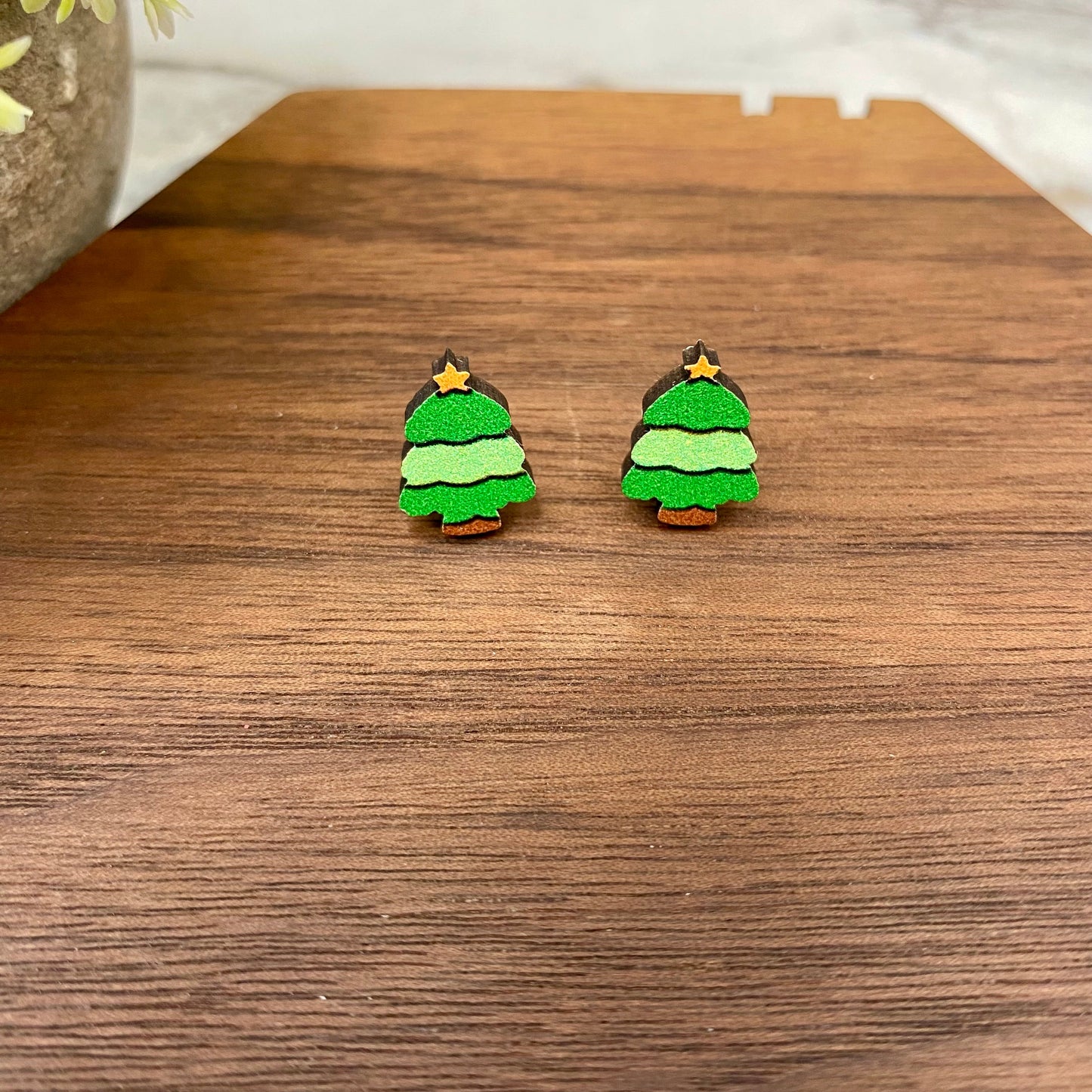 Wooden Stud Earrings - Christmas - Trees #5