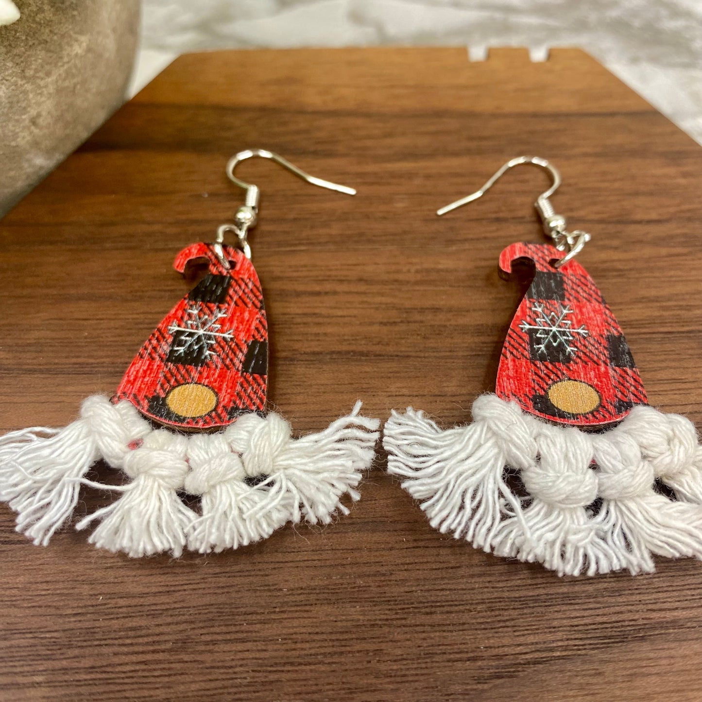 Wooden Dangle Earrings - Christmas Gnome Red Plaid Macrame Beard