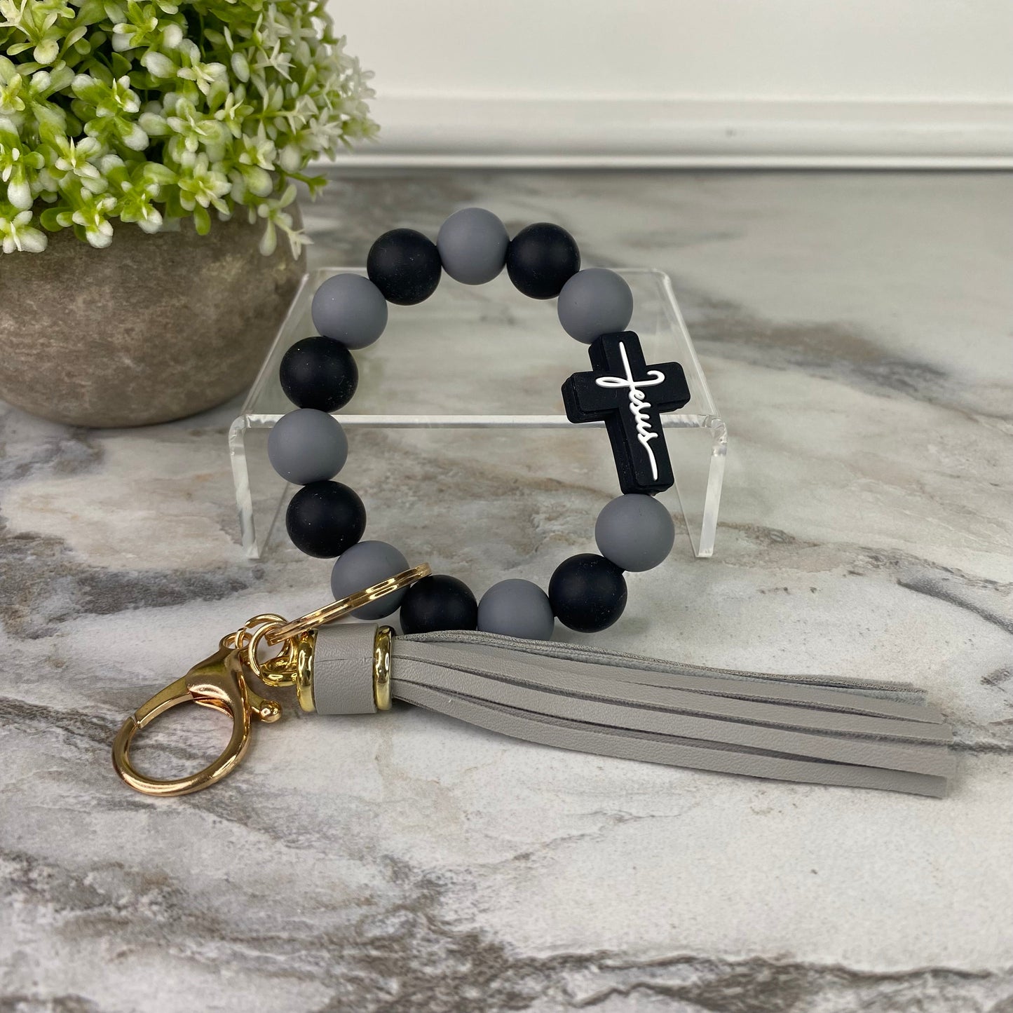 Silicone Bracelet Keychain - Jesus, Black & Gray