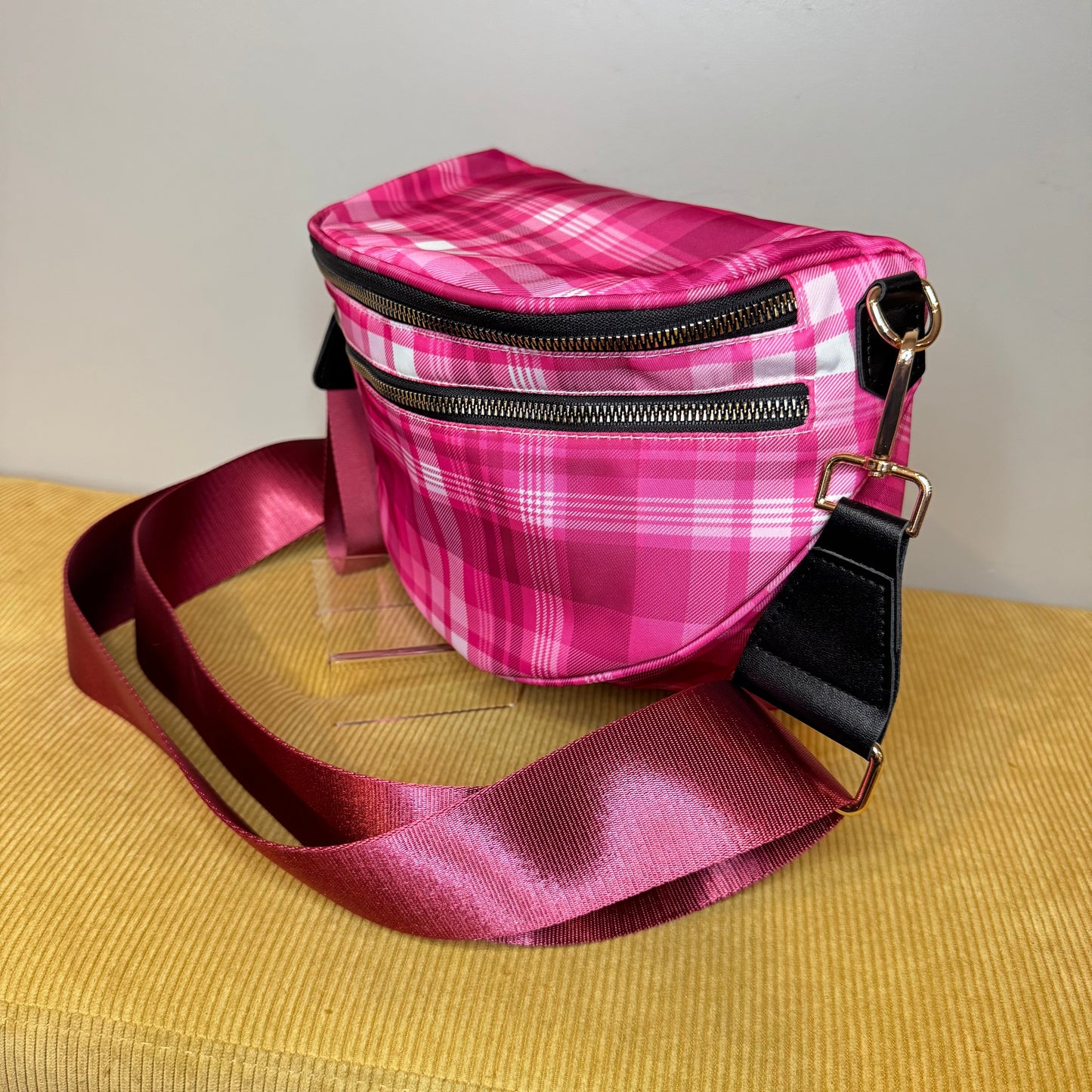 The Roni Nylon Crossbody - Pink Plaid