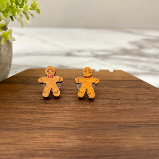 Wooden Stud Earrings - Christmas - Gingerbread Man #3