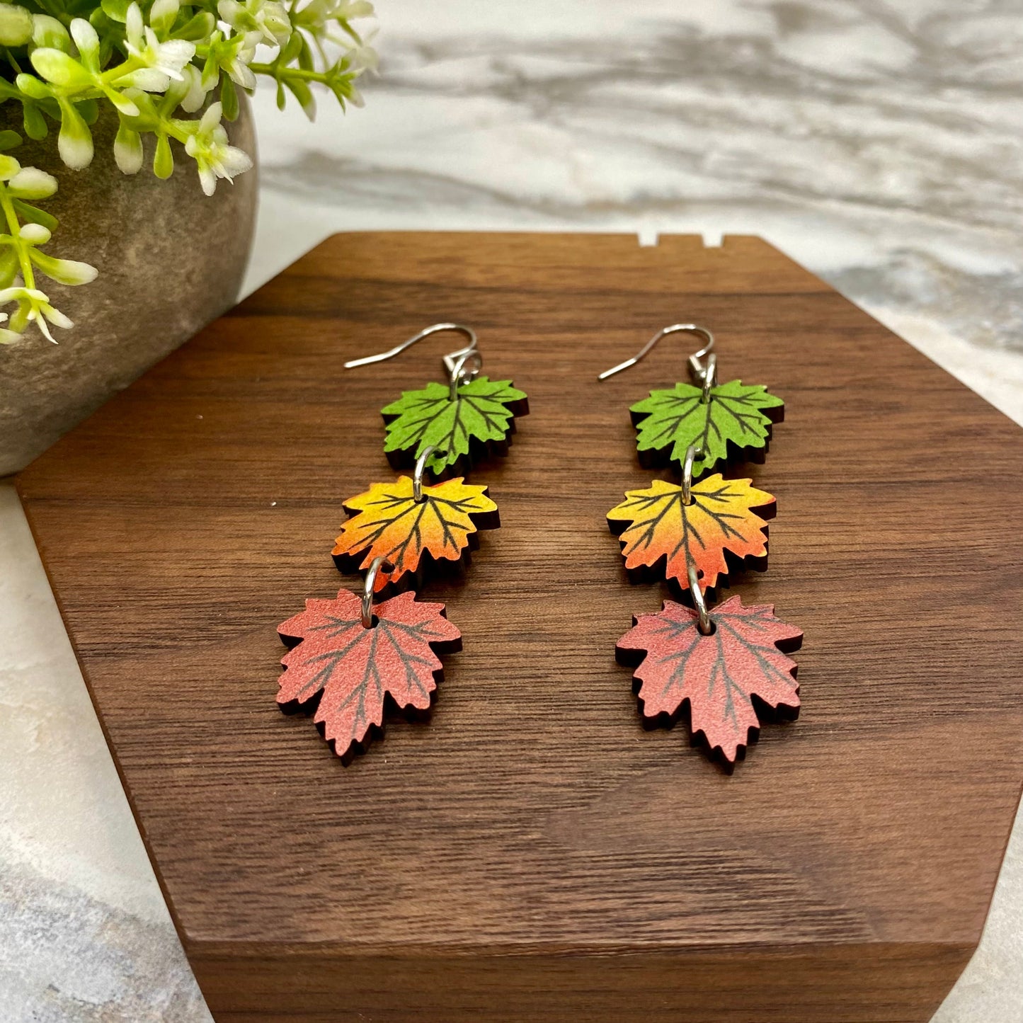 Wooden Dangle Earrings - Fall - #8