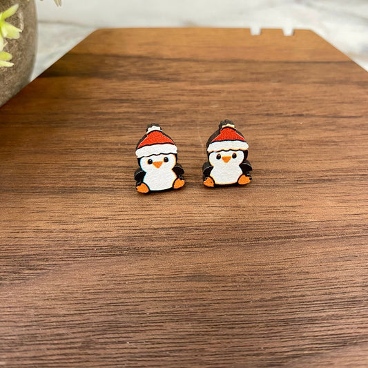 Wooden Stud Earrings - Christmas - Penguin #2