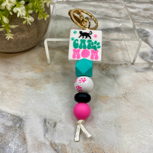 Keychain - Silicone & Wood Bead - Teal Pink Cat Mom