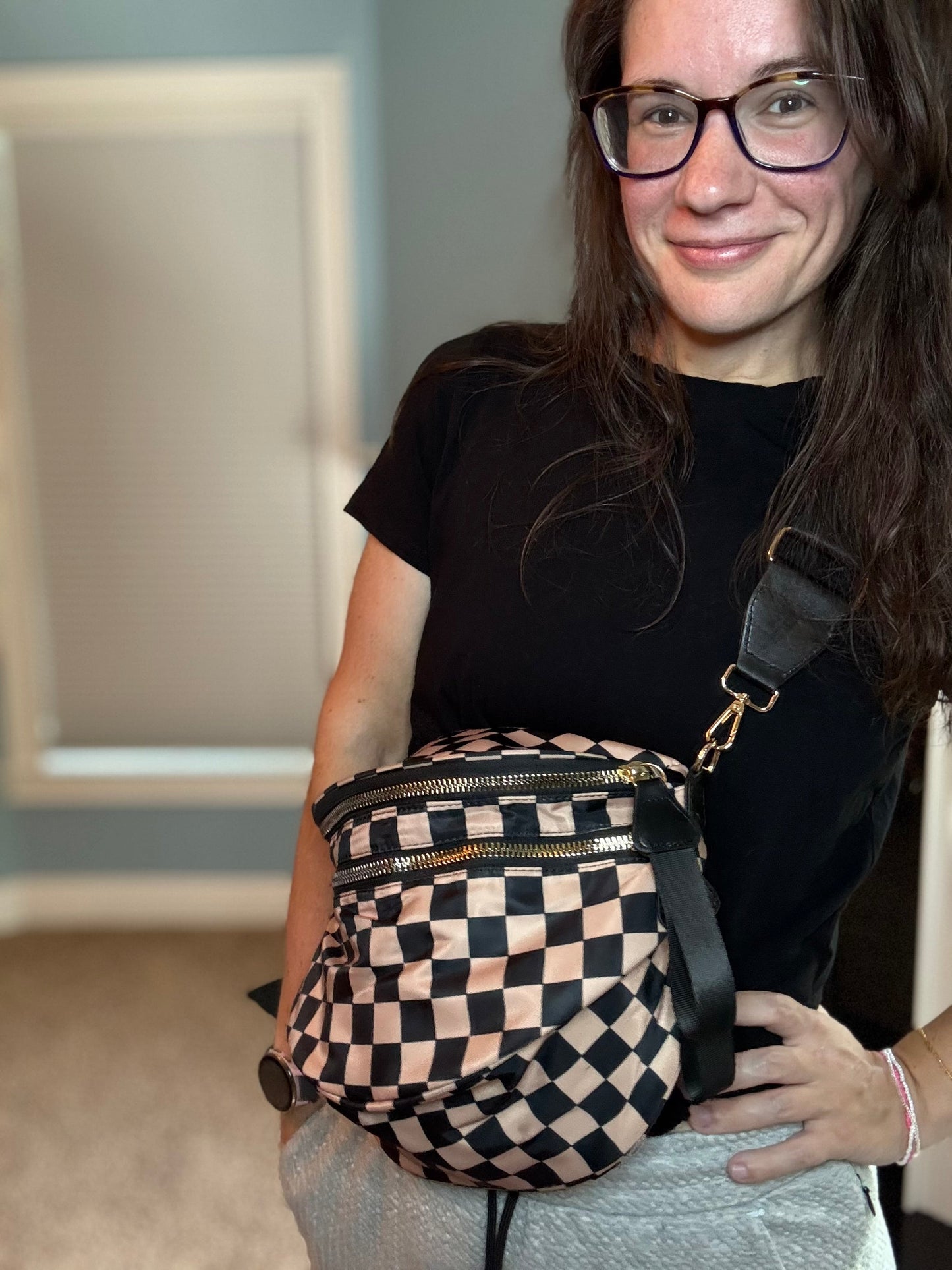 The Roni Nylon Crossbody - Checkered Black + Tan