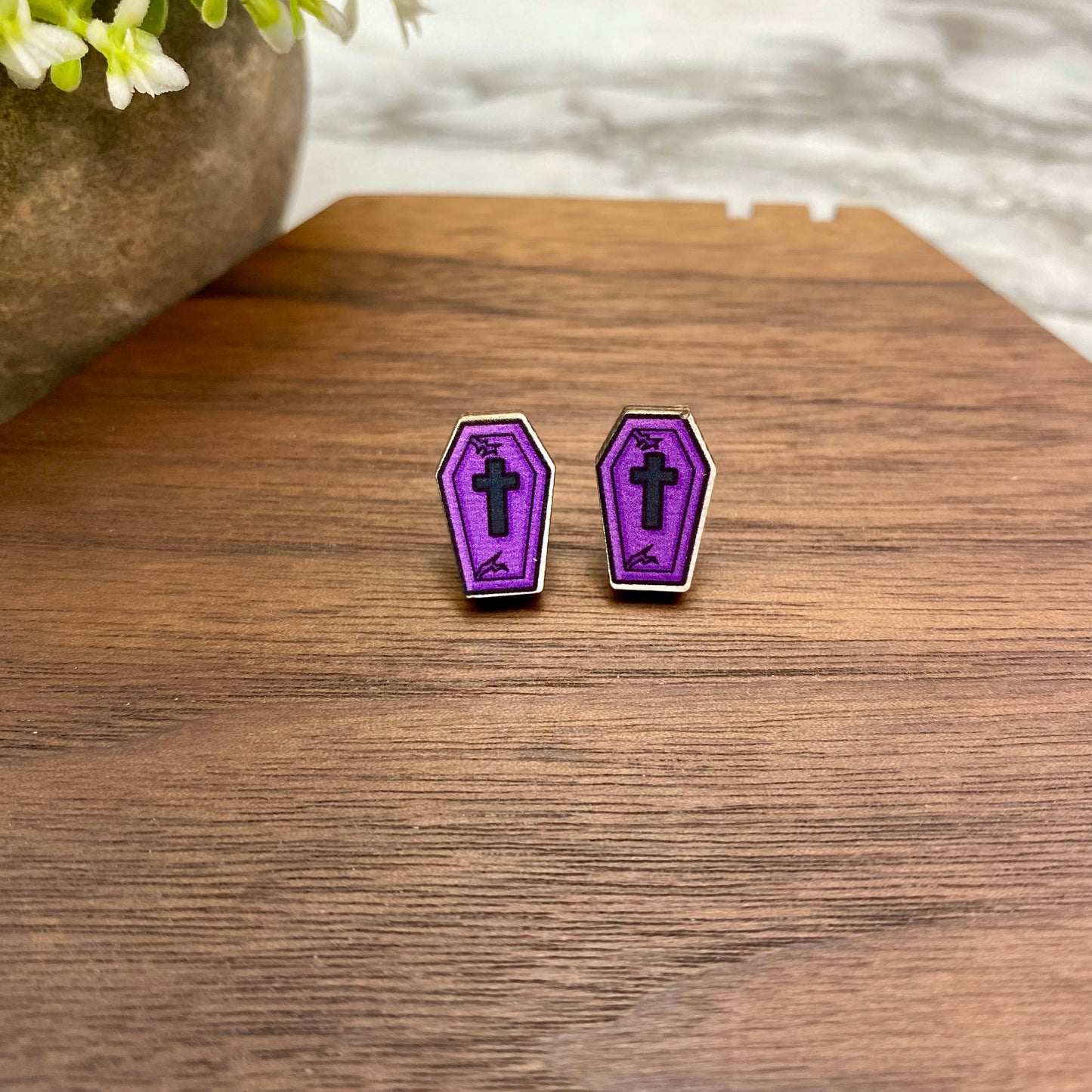 Wooden Stud Earrings - Halloween - Purple Coffin