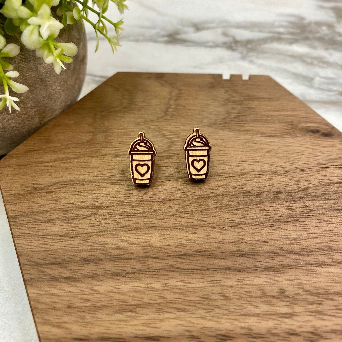 Wooden Stud Earrings - Frappuccino Heart