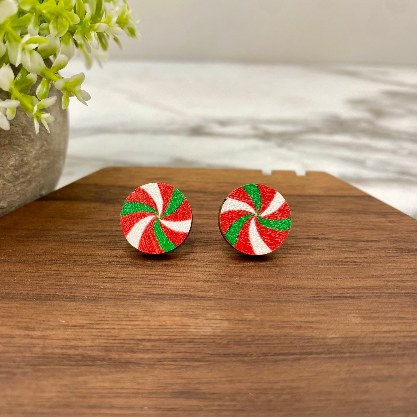 Wooden Stud Earrings - Christmas - Peppermint #3