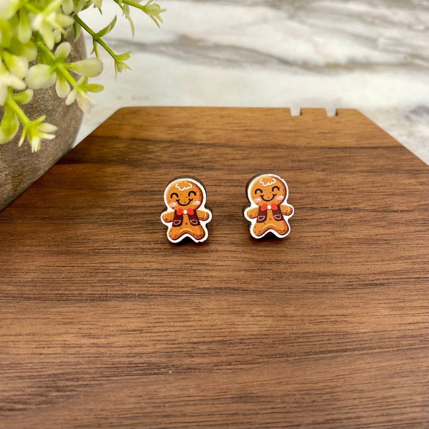 Wooden Stud Earrings - Christmas - Gingerbread Man #1