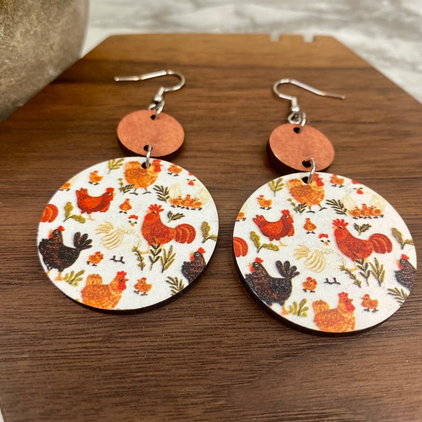 Wooden Dangle Earrings - Chicken - #7