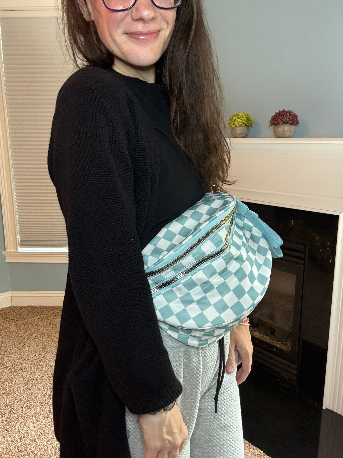 The Roni Nylon Crossbody - Checkered Aqua