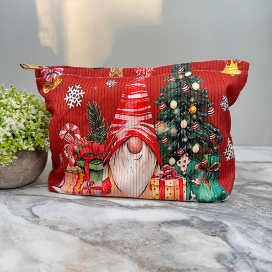 Corduroy Zip Pouch - Christmas Gnome Tree