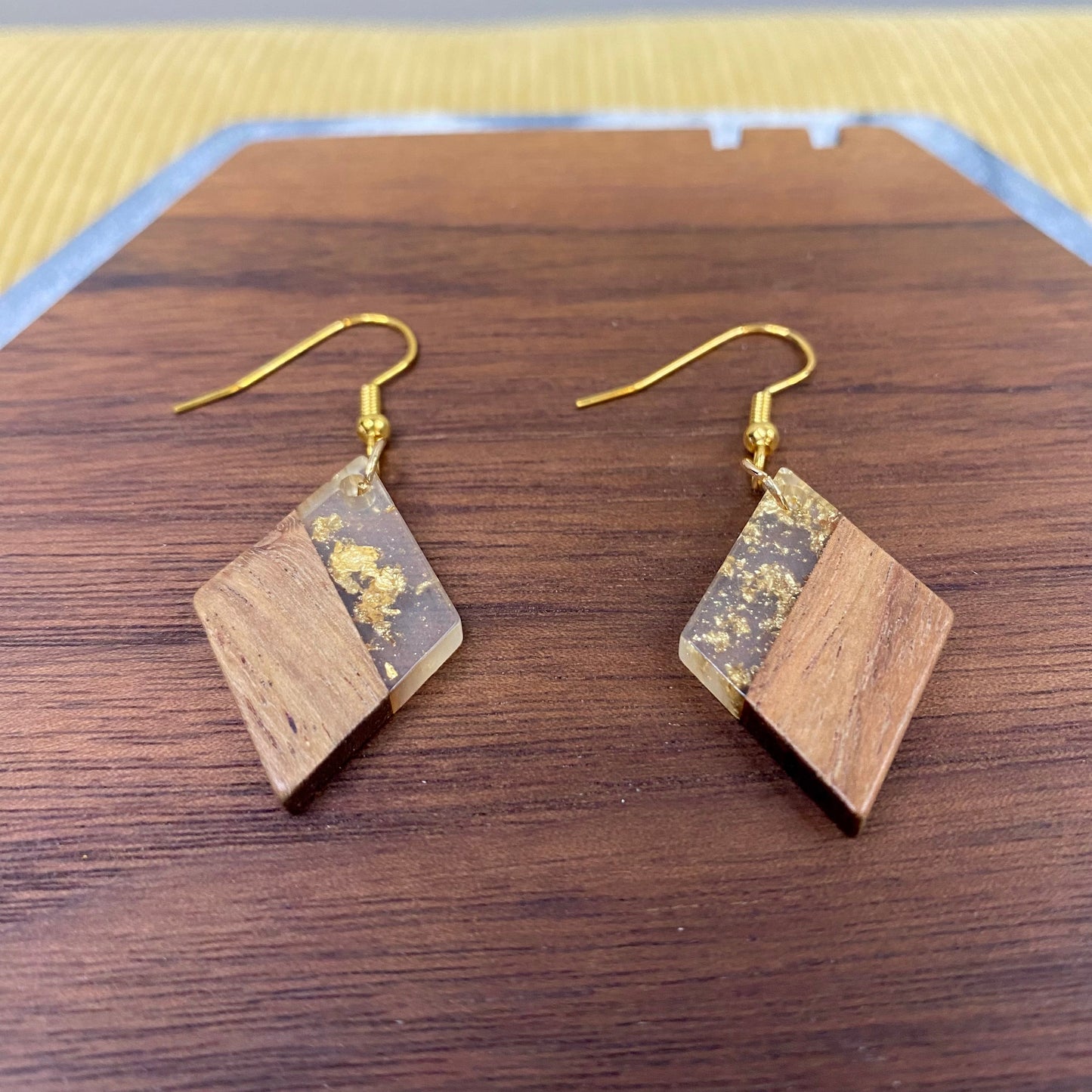 Dangle Earring - Wood & Acrylic - Clear Gold Wood Kite Shaped