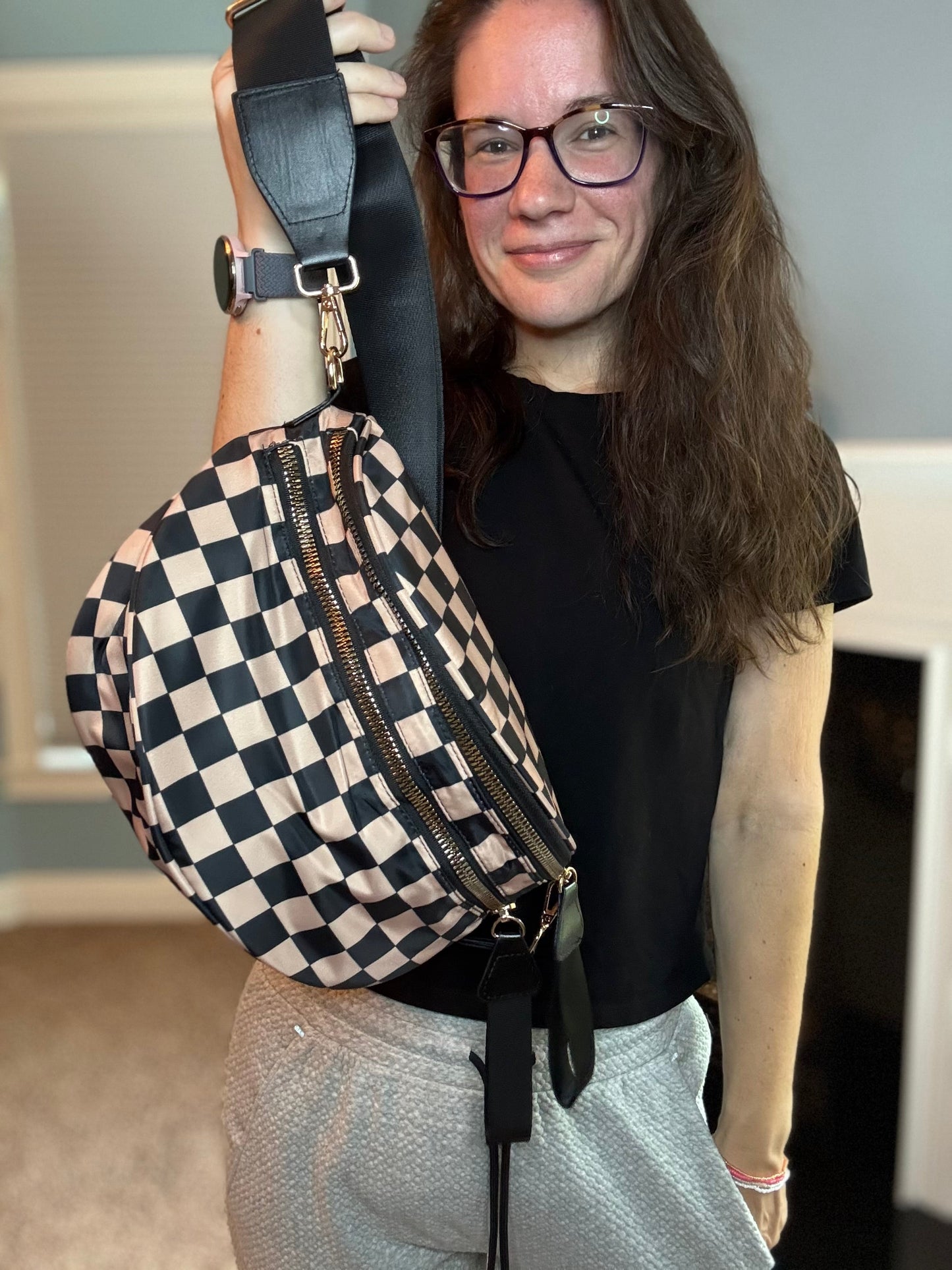 The Roni Nylon Crossbody - Checkered Black + Tan