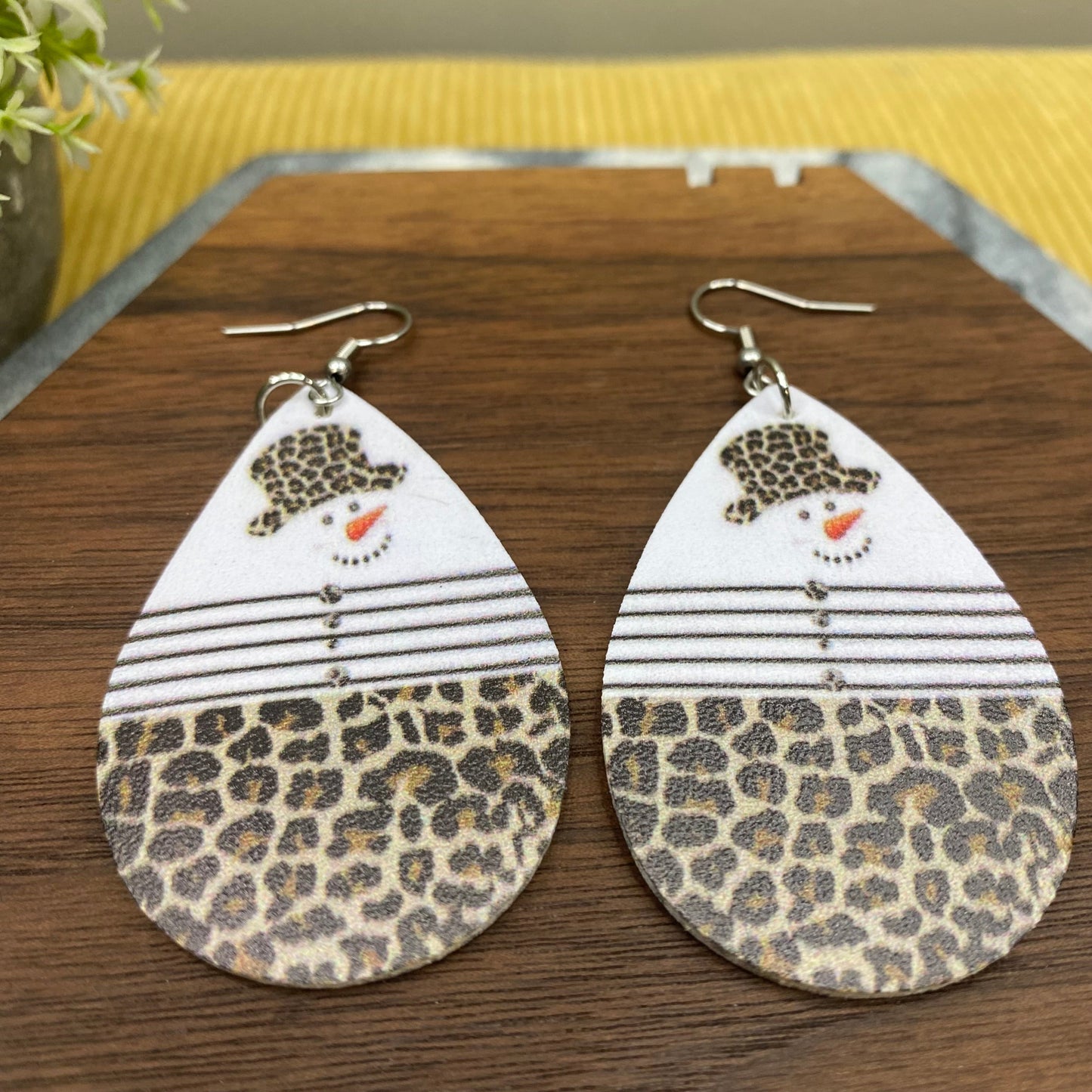 Faux Leather Earrings - Christmas - Animal Print Snowman