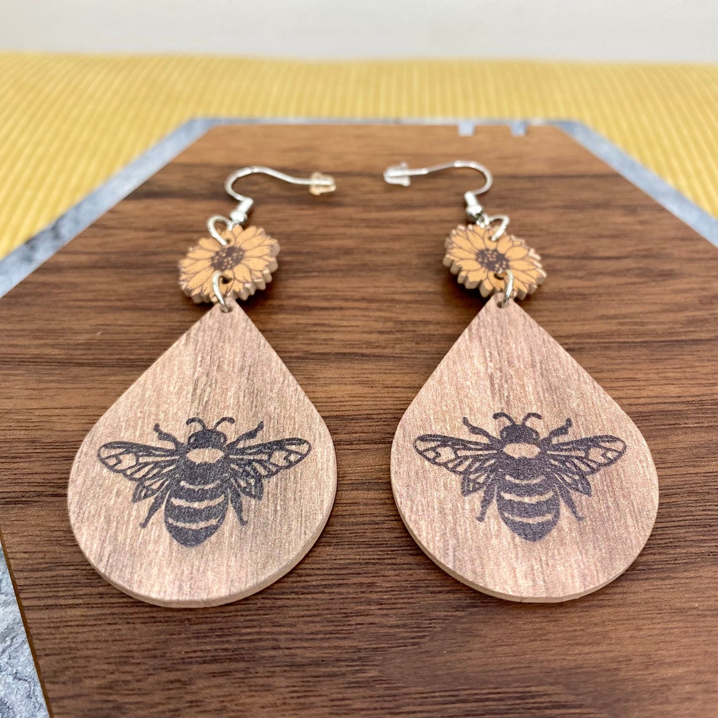 Wood Teardrop Earrings - Bee & Sunflower