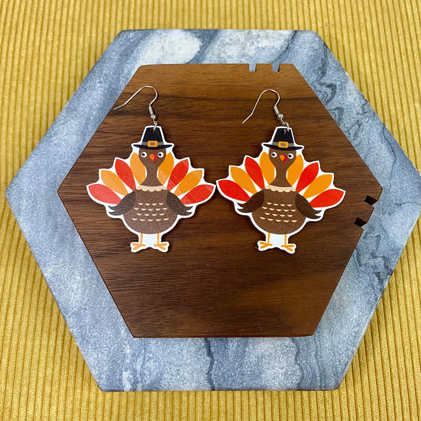 Wooden Dangle Earrings - Fall - Turkey with Hat