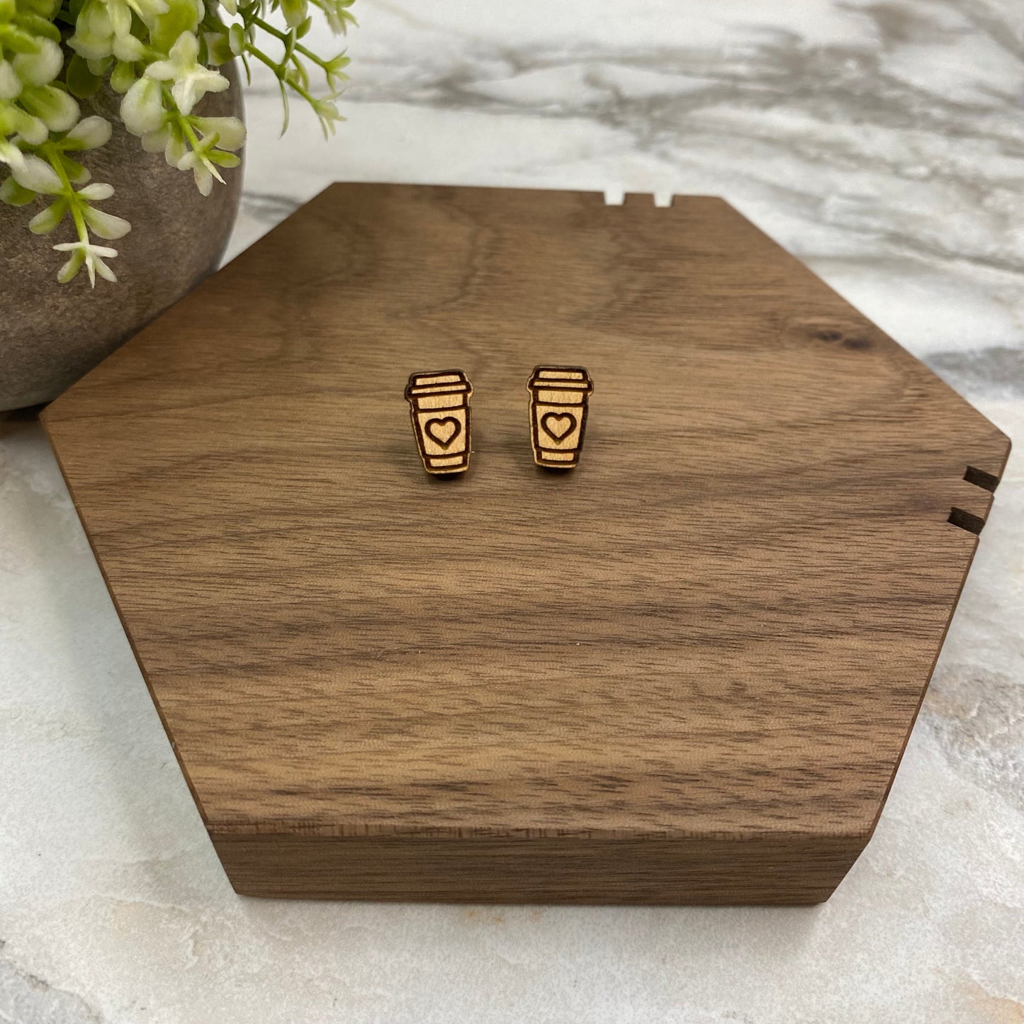 Wooden Stud Earrings - Coffee Cup Heart #2