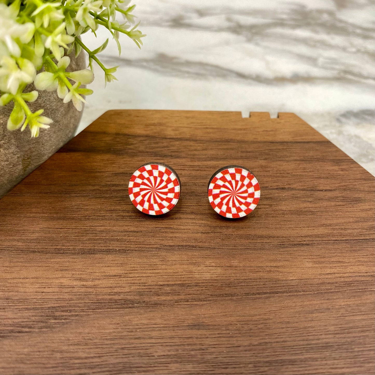 Wooden Stud Earrings - Christmas - Peppermint #1