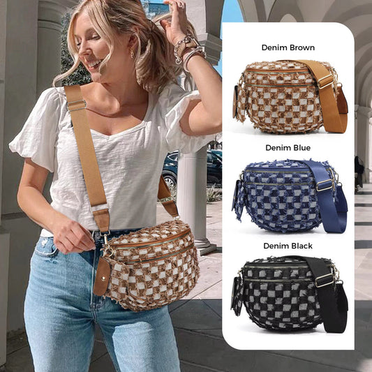 The Roni Nylon Crossbody - Checkered Denim - PREORDER