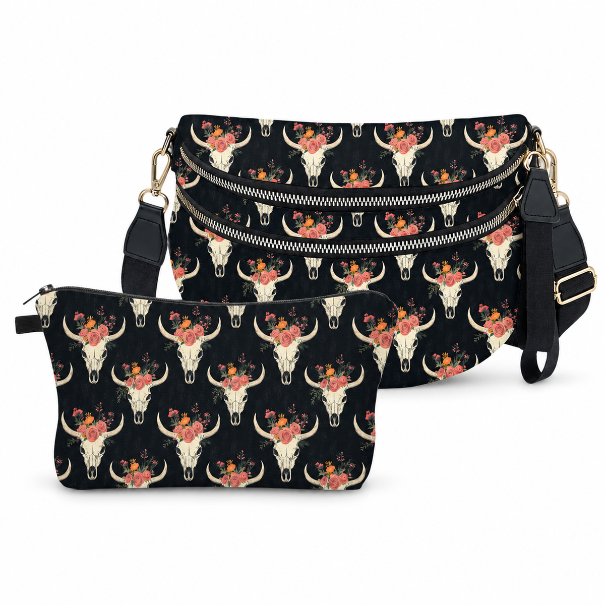 Bundled Set - Roni & Pouch - Bull Skull Floral